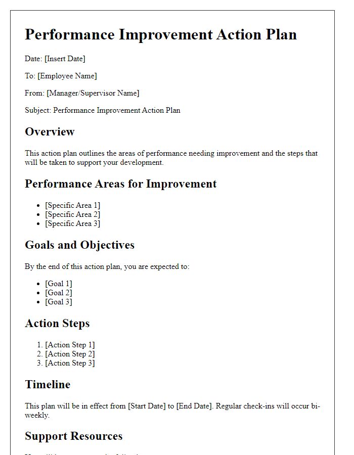 Letter template of performance improvement action plan for employee development