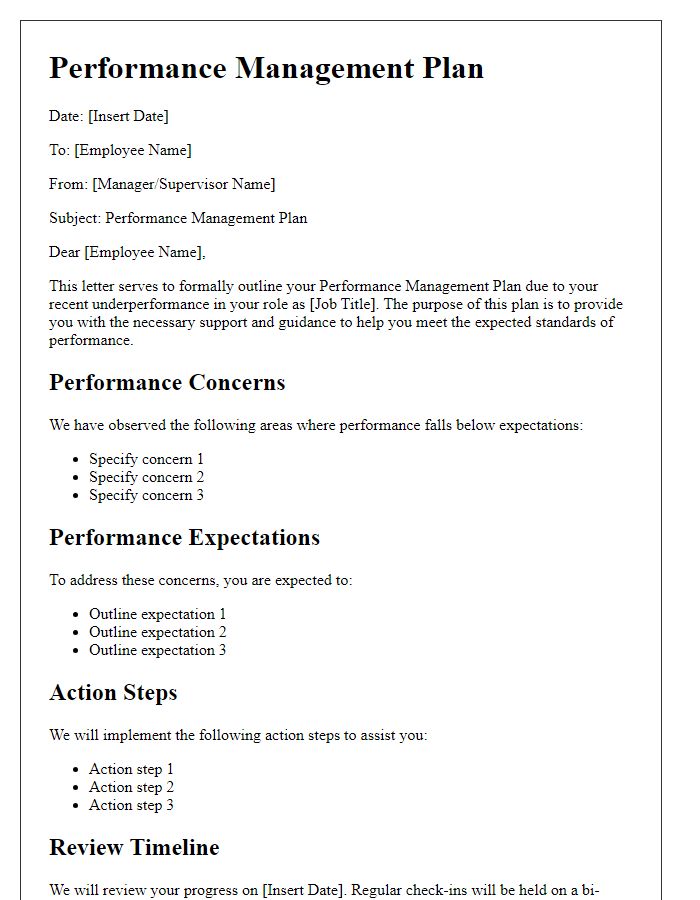 Letter template of performance management plan for underperforming staff