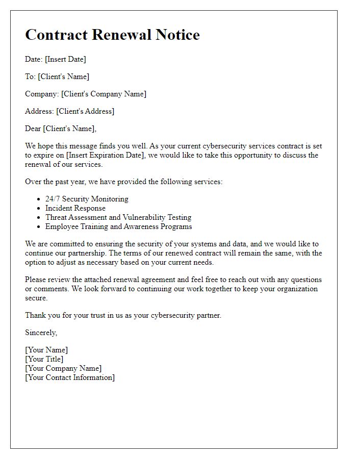 Letter template of cybersecurity services contract renewal
