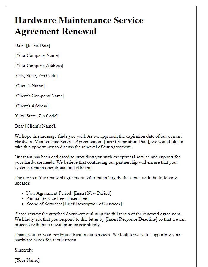 Letter template of hardware maintenance service agreement renewal