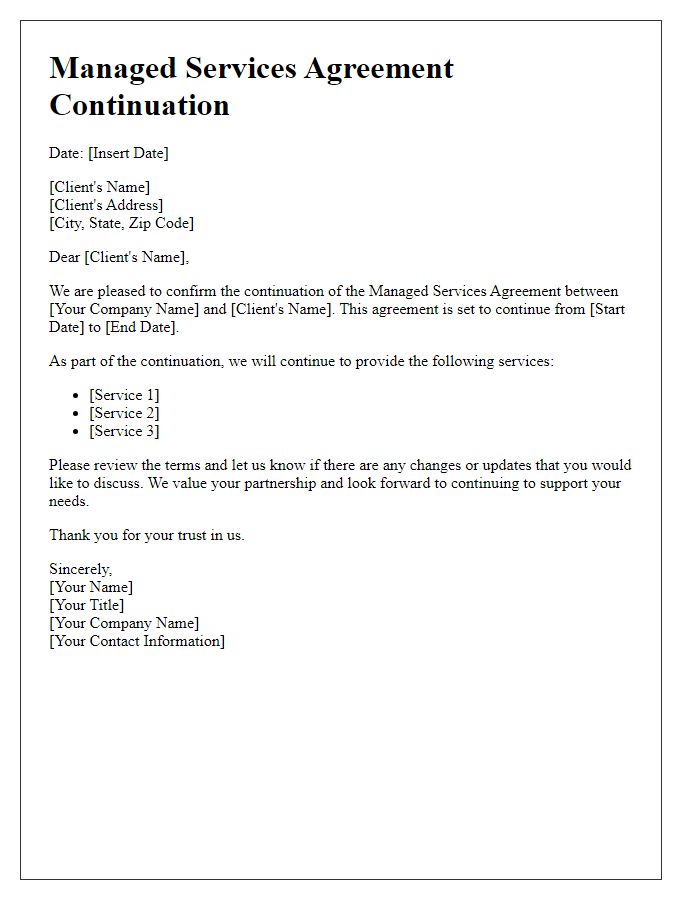 Letter template of managed services agreement continuation