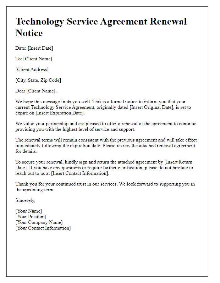 Letter template of technology service agreement renewal notice