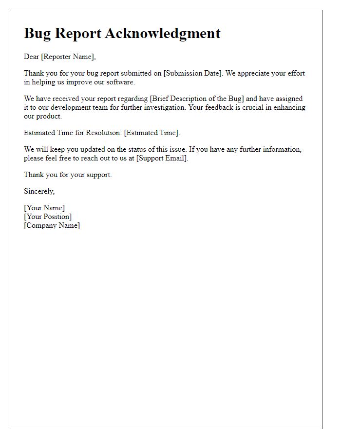 Letter template of software bug report acknowledgment