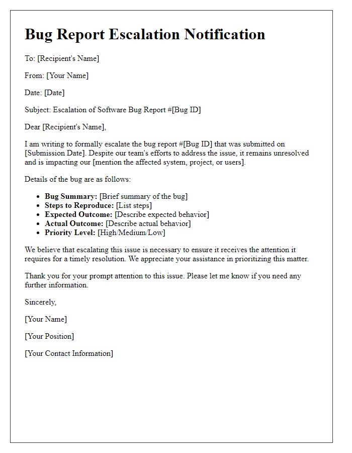 Letter template of software bug report escalation notification