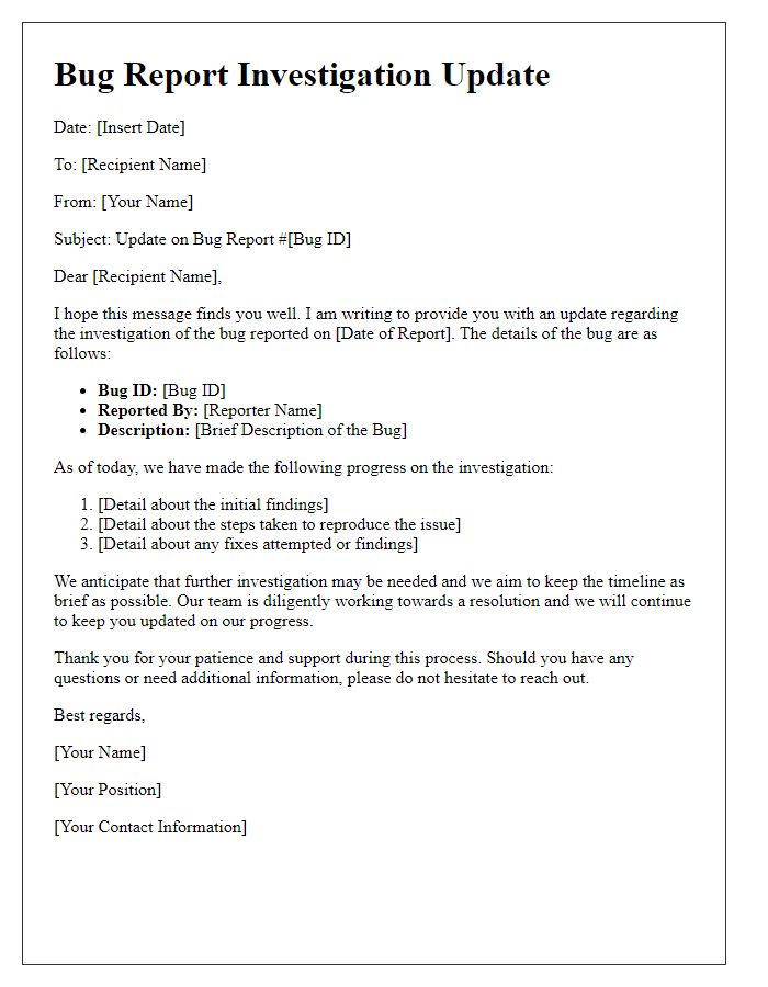 Letter template of software bug report investigation update