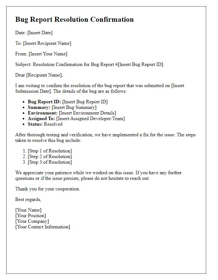 Letter template of software bug report resolution confirmation