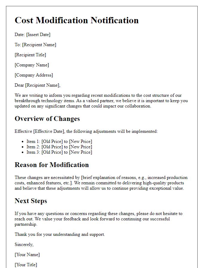 Letter template of cost modifications for breakthrough technology items.