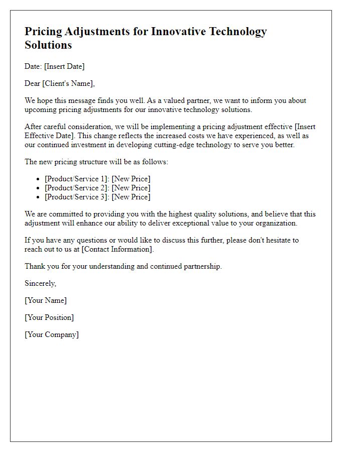 Letter template of pricing adjustments for innovative technology solutions.