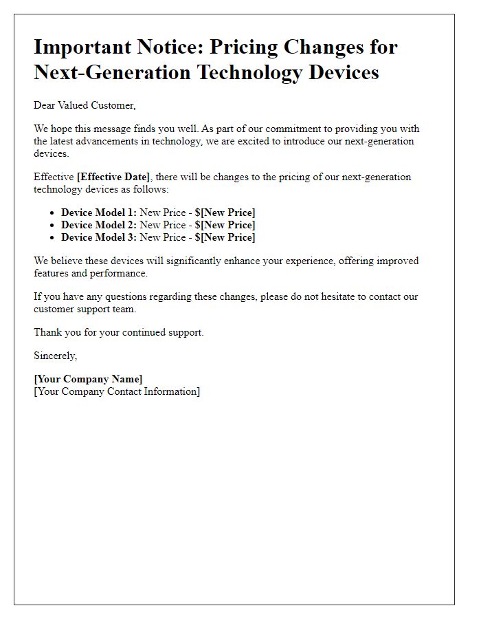 Letter template of pricing changes for next-generation technology devices.