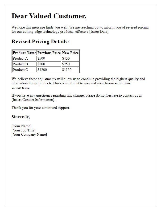 Letter template of revised pricing for cutting-edge tech products.