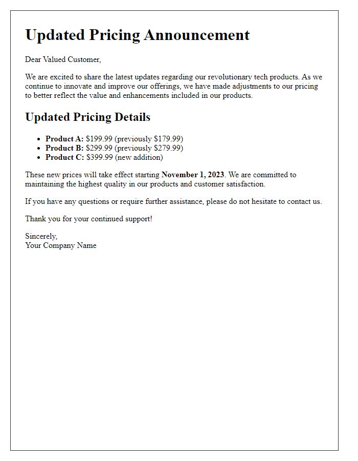 Letter template of updated pricing details for revolutionary tech products.