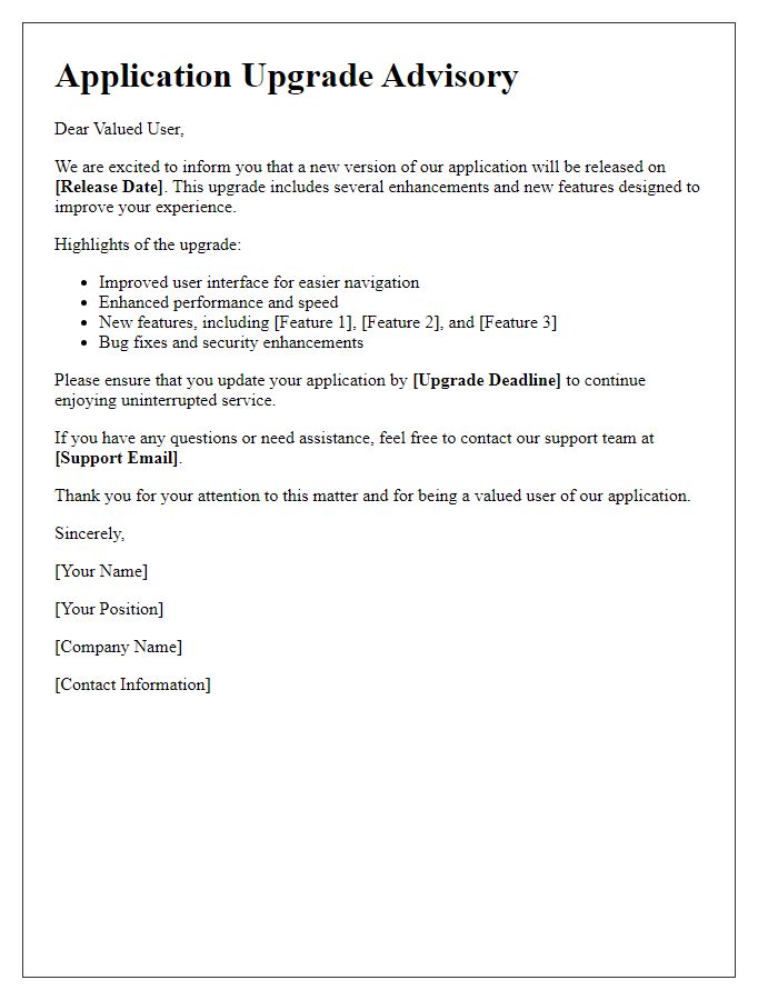 Letter template of Application Upgrade Advisory for Users