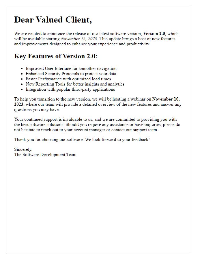 Letter template of New Software Version Introduction for Clients