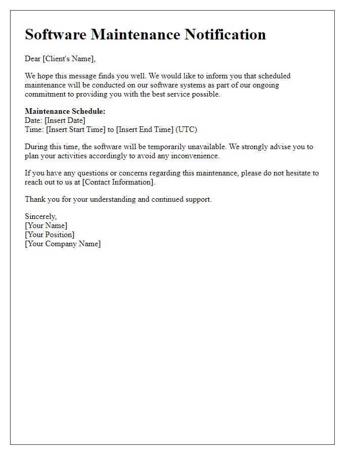 Letter template of Software Maintenance Notification for Clients