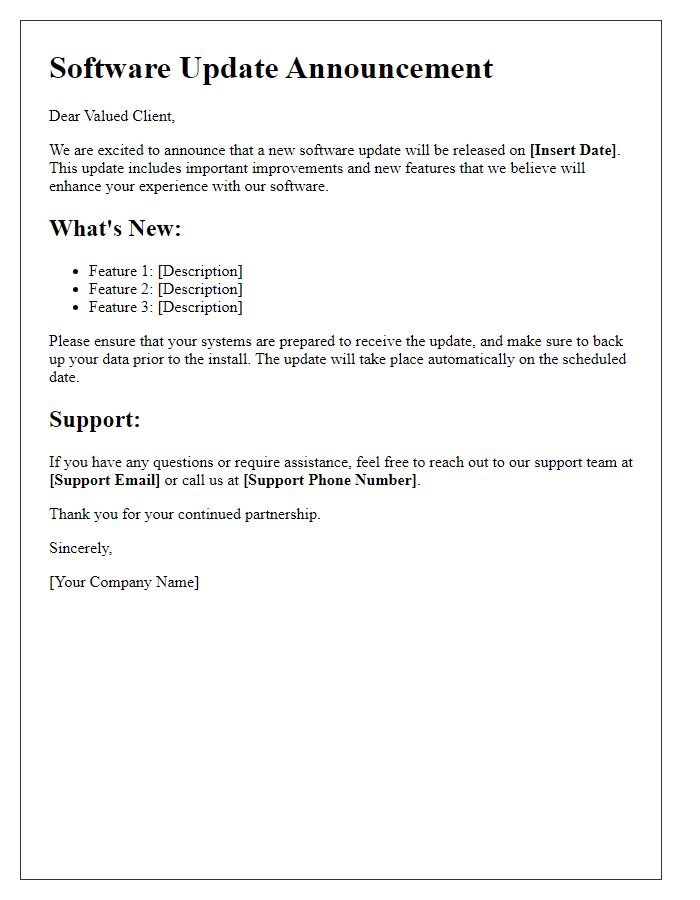 Letter template of Software Update Announcement for Clients