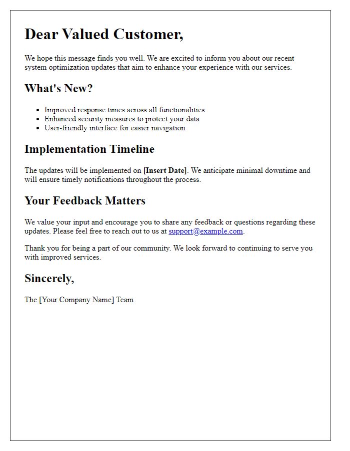Letter template of System Optimization Update for Customers