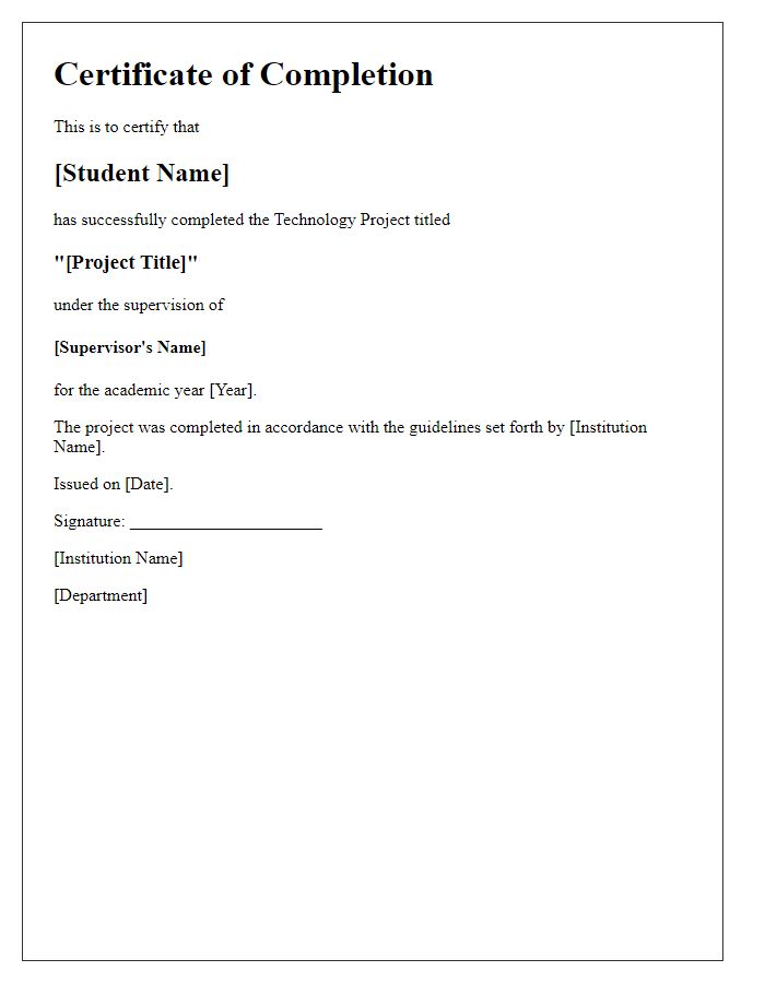 Letter template of Technology Project Completion Certificate for Academic Purposes