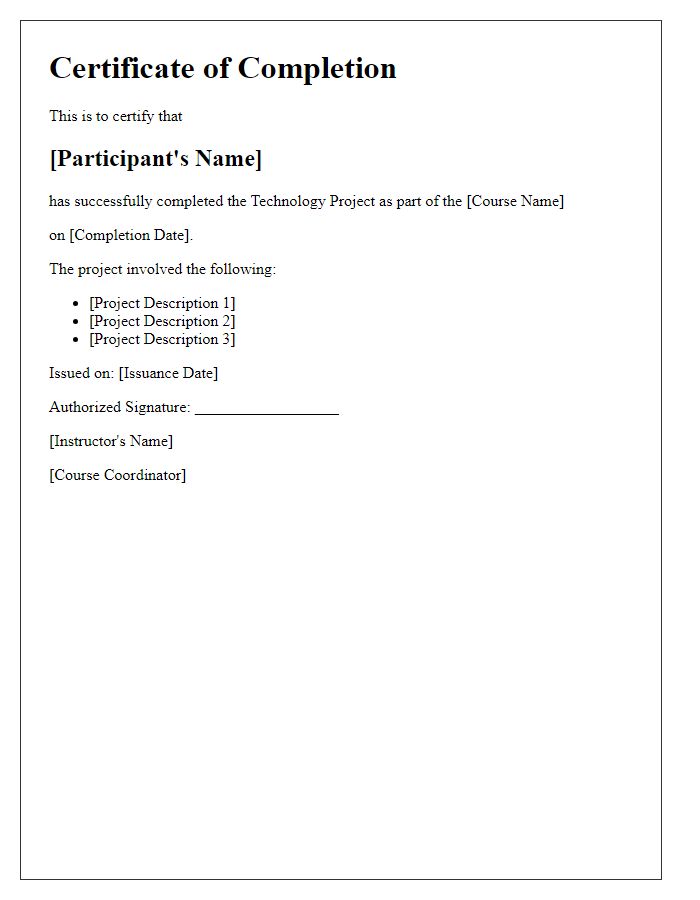 Letter template of Technology Project Completion Certificate for Course Completion