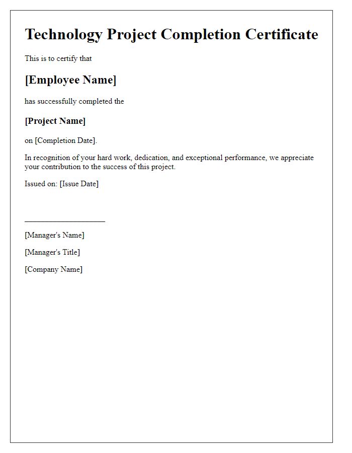 Letter template of Technology Project Completion Certificate for Employee Recognition