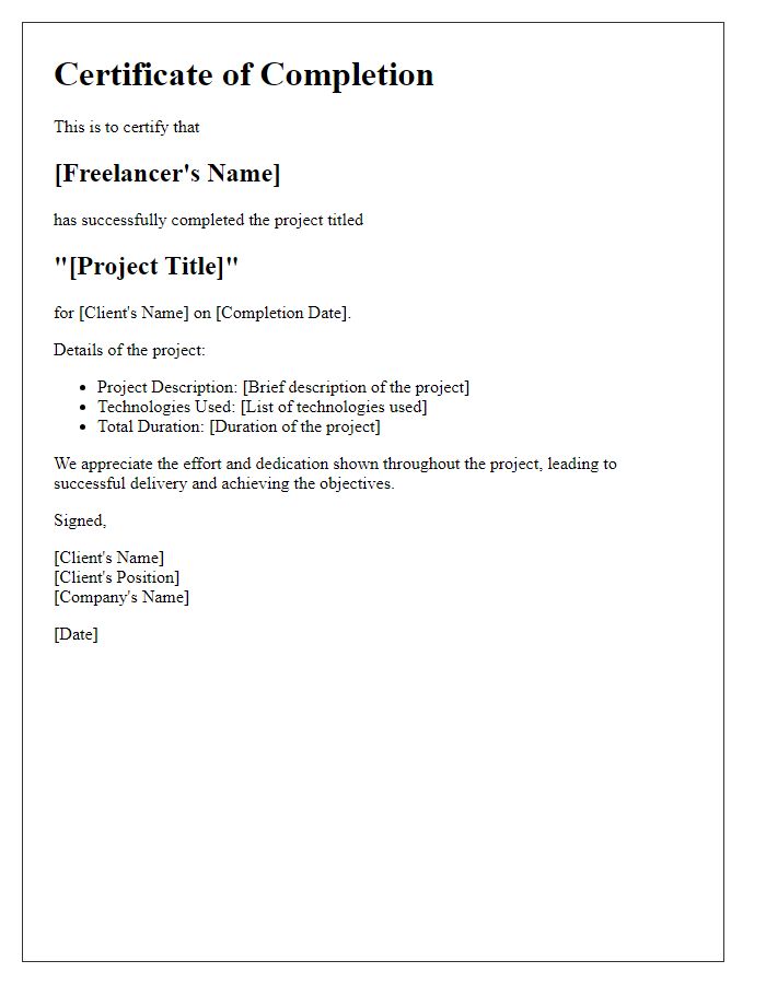 Letter template of Technology Project Completion Certificate for Freelance Work