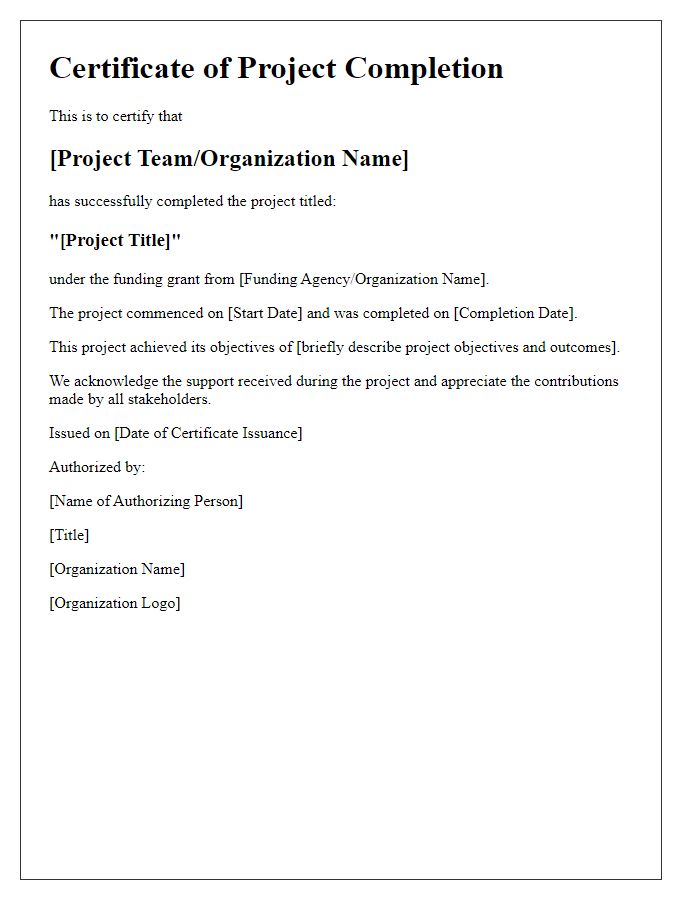 Letter template of Technology Project Completion Certificate for Grant Application