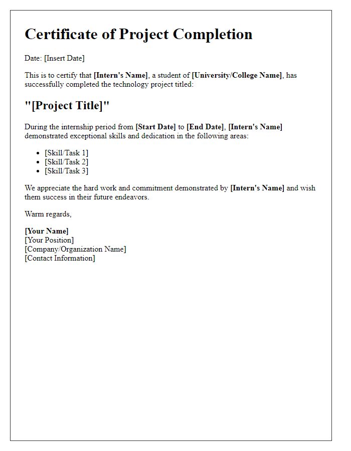 Letter template of Technology Project Completion Certificate for Internship Requirement