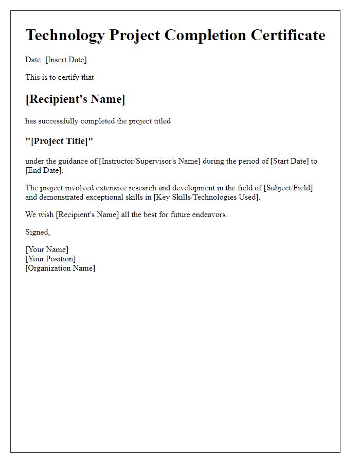 Letter template of Technology Project Completion Certificate for Portfolio Submission