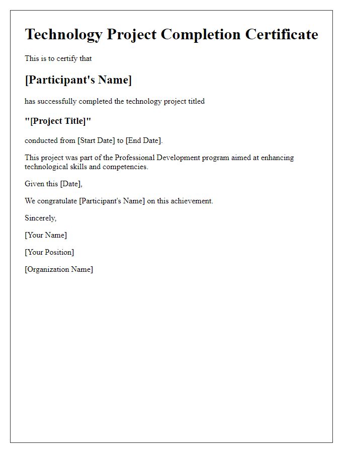 Letter template of Technology Project Completion Certificate for Professional Development