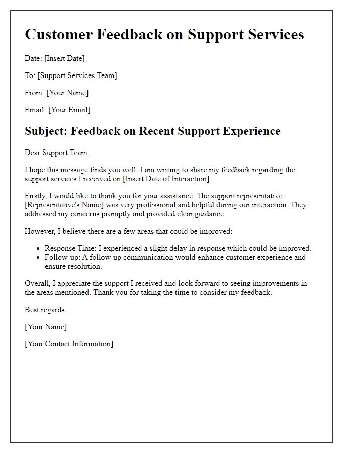 Letter template of Customer Feedback on Support Services