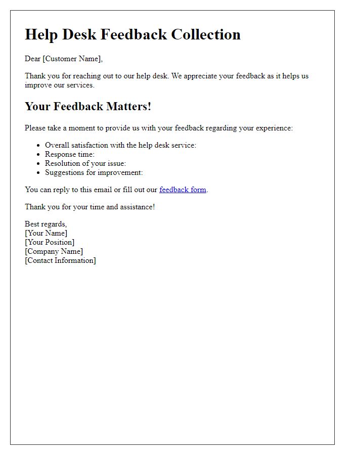 Letter template of Help Desk Feedback Collection