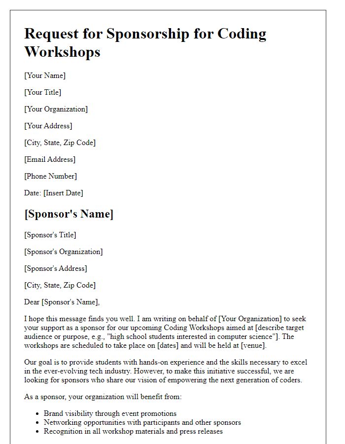 Letter template of sponsorship request for coding workshops.