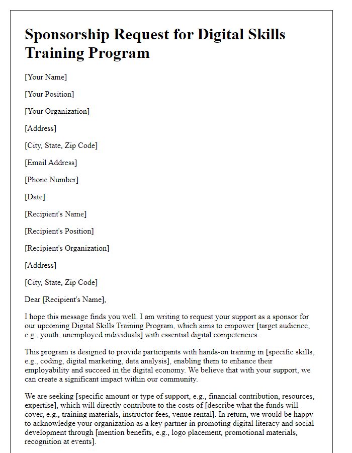 Letter template of sponsorship request for a digital skills training program.