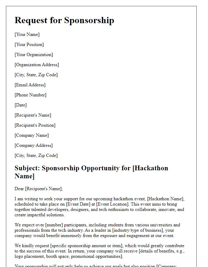 Letter template of sponsorship request for a hackathon event.