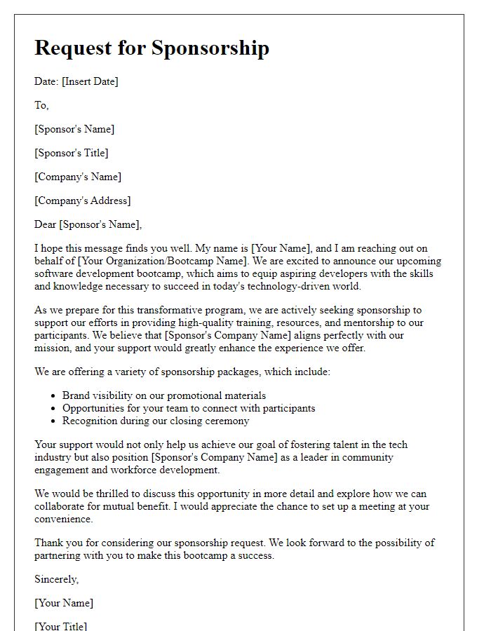 Letter template of sponsorship request for a software development bootcamp.