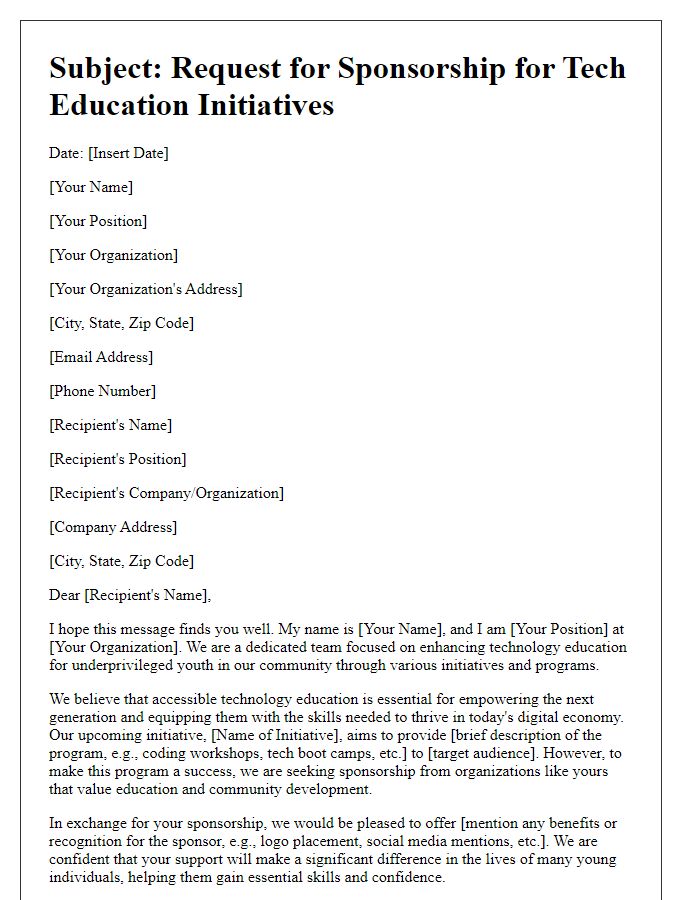 Letter template of sponsorship request for tech education initiatives.