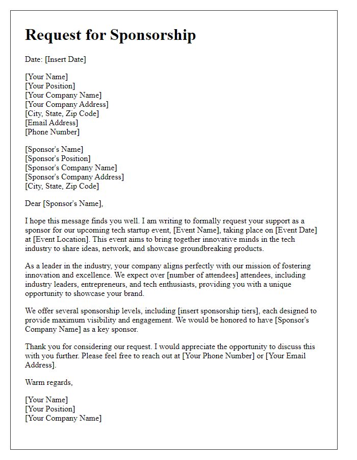 Letter template of sponsorship request for tech startup event.