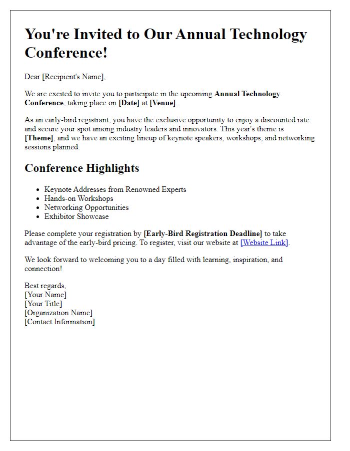 Letter template of technology conference invitation for early-bird registrants