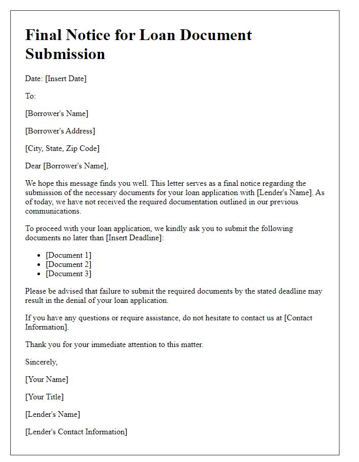 Letter template of Final Notice for Loan Document Submission