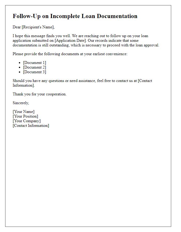 Letter template of Follow-Up on Incomplete Loan Documentation