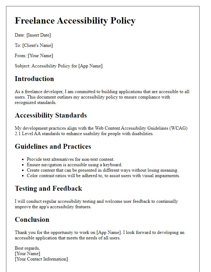 Letter template of freelance accessibility policy for app developers