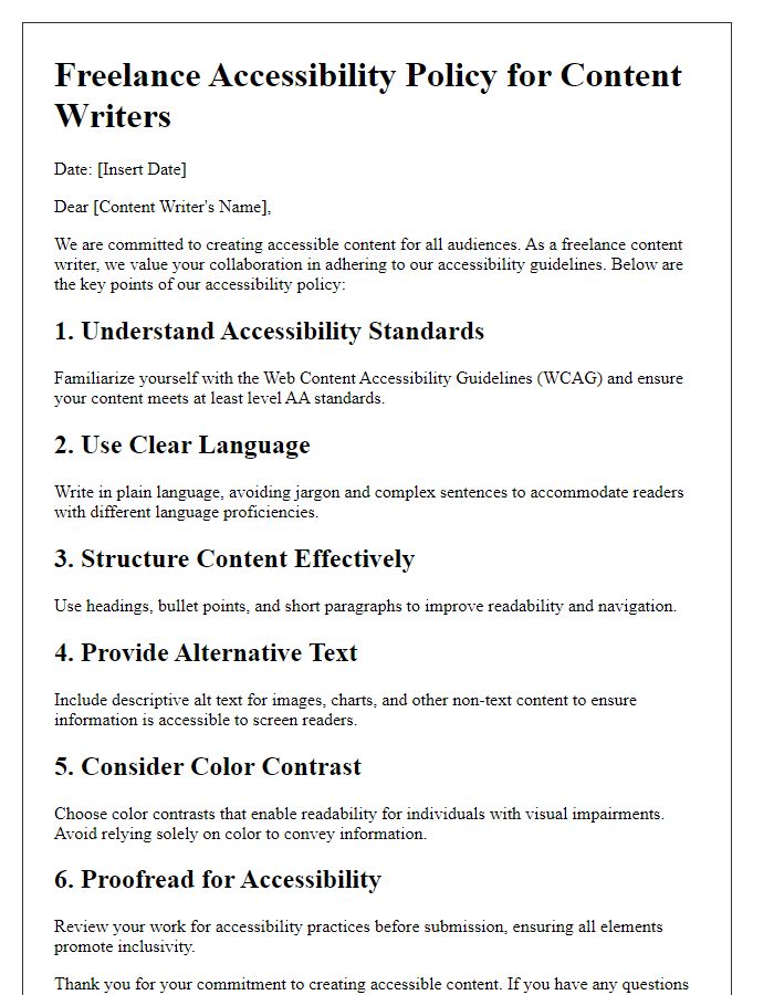 Letter template of freelance accessibility policy for content writers