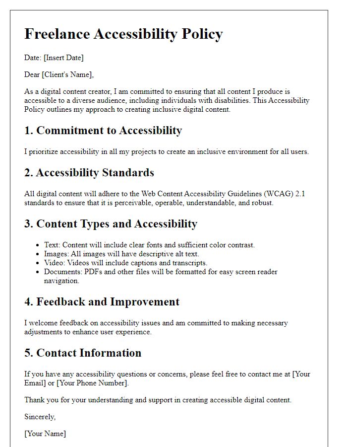 Letter template of freelance accessibility policy for digital content creators