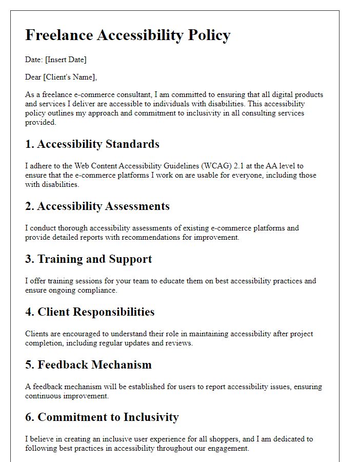 Letter template of freelance accessibility policy for e-commerce consultants