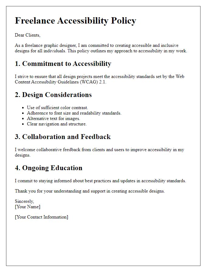 Letter template of freelance accessibility policy for graphic designers