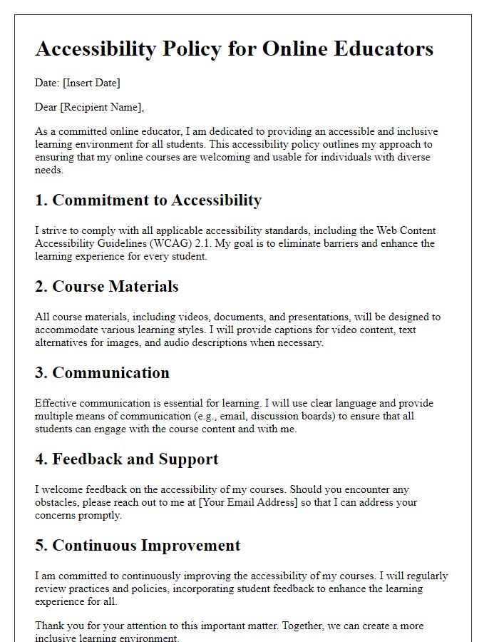 Letter template of freelance accessibility policy for online educators