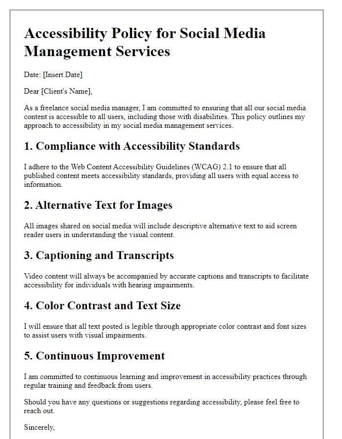 Letter template of freelance accessibility policy for social media managers