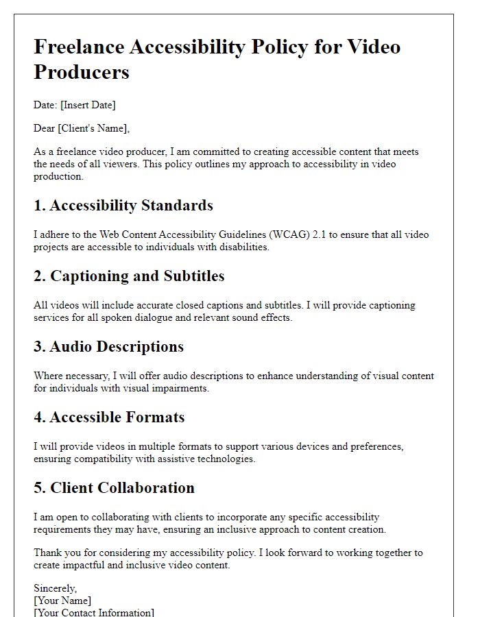Letter template of freelance accessibility policy for video producers