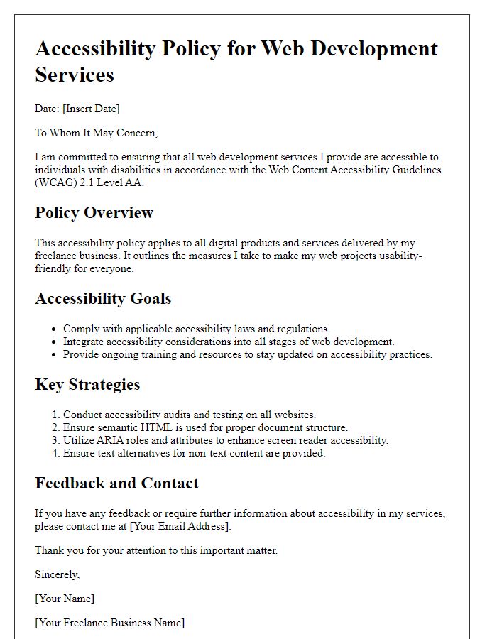 Letter template of freelance accessibility policy for web developers