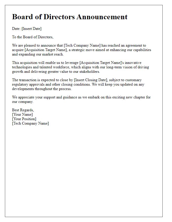 Letter template of tech company acquisition announcement for board members