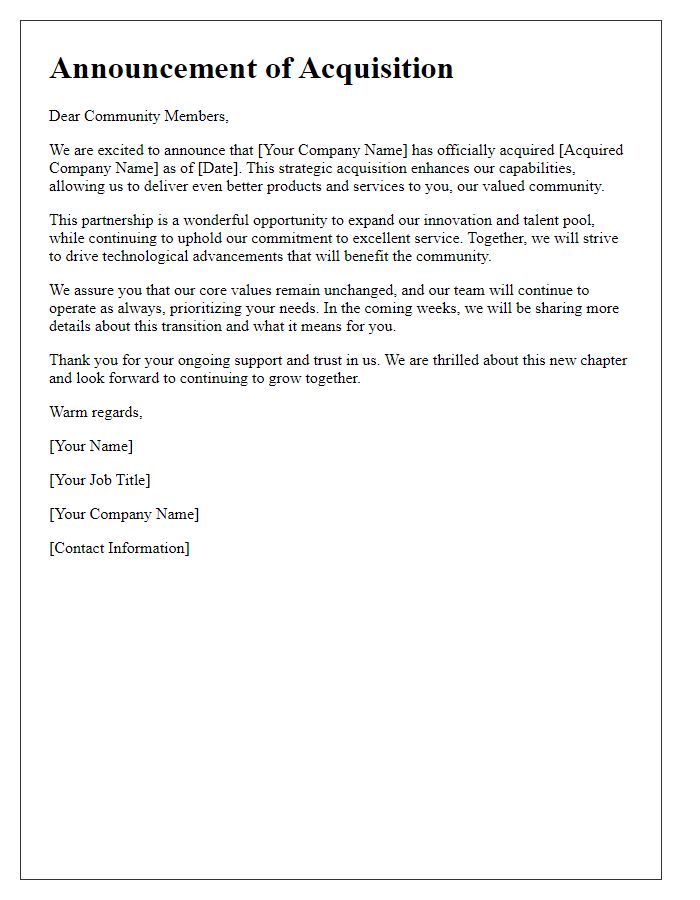 Letter template of tech company acquisition announcement for community relations